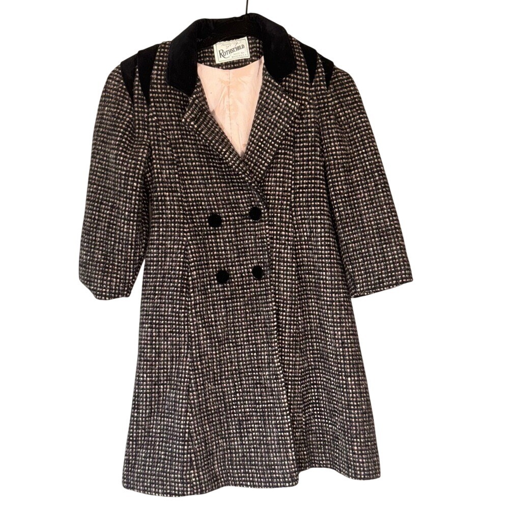 Vintage Rothschild Black and Pink tweed Wool Blend Coat 1950s, Girls 7, GUC